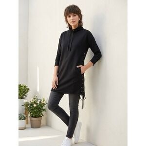 Lace Up Funnel Neck Indigenous Black Organic Cotton Sweatshirt Dress Size S